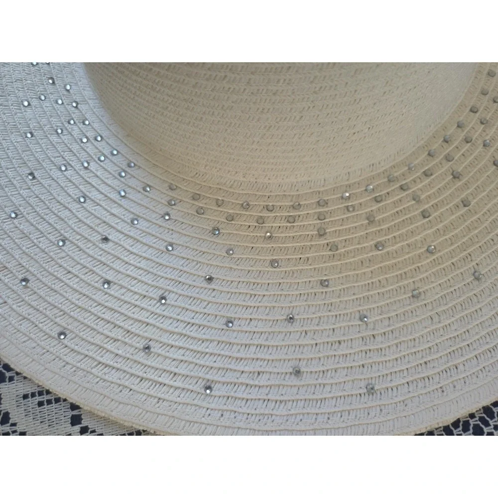 Scala Pronto Wide Brim Hat White Silver‎ Rhinestone OS Beach Vacation Resort